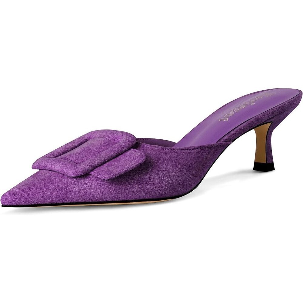 Women's Purple Mule Slingback Buckle Pumps Pointed Toe Kitten Heels Shoe